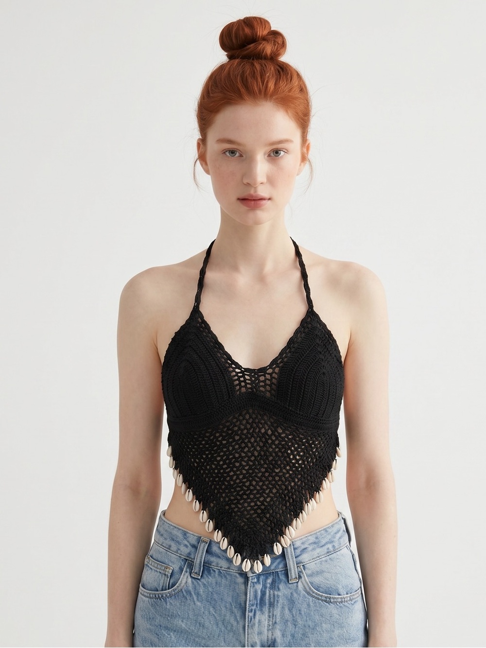 Island Planet Miami Beach Black Crochet Shell-Trim Halter Crop Top. Coastal Girl